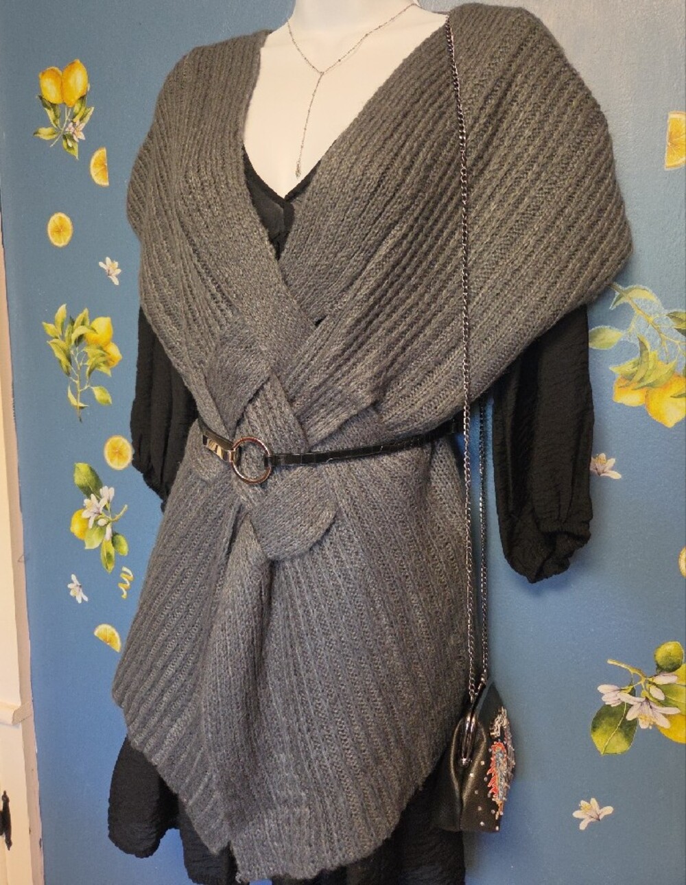 Ribbed & Weaved Layering Sweater- Charcoal Gray